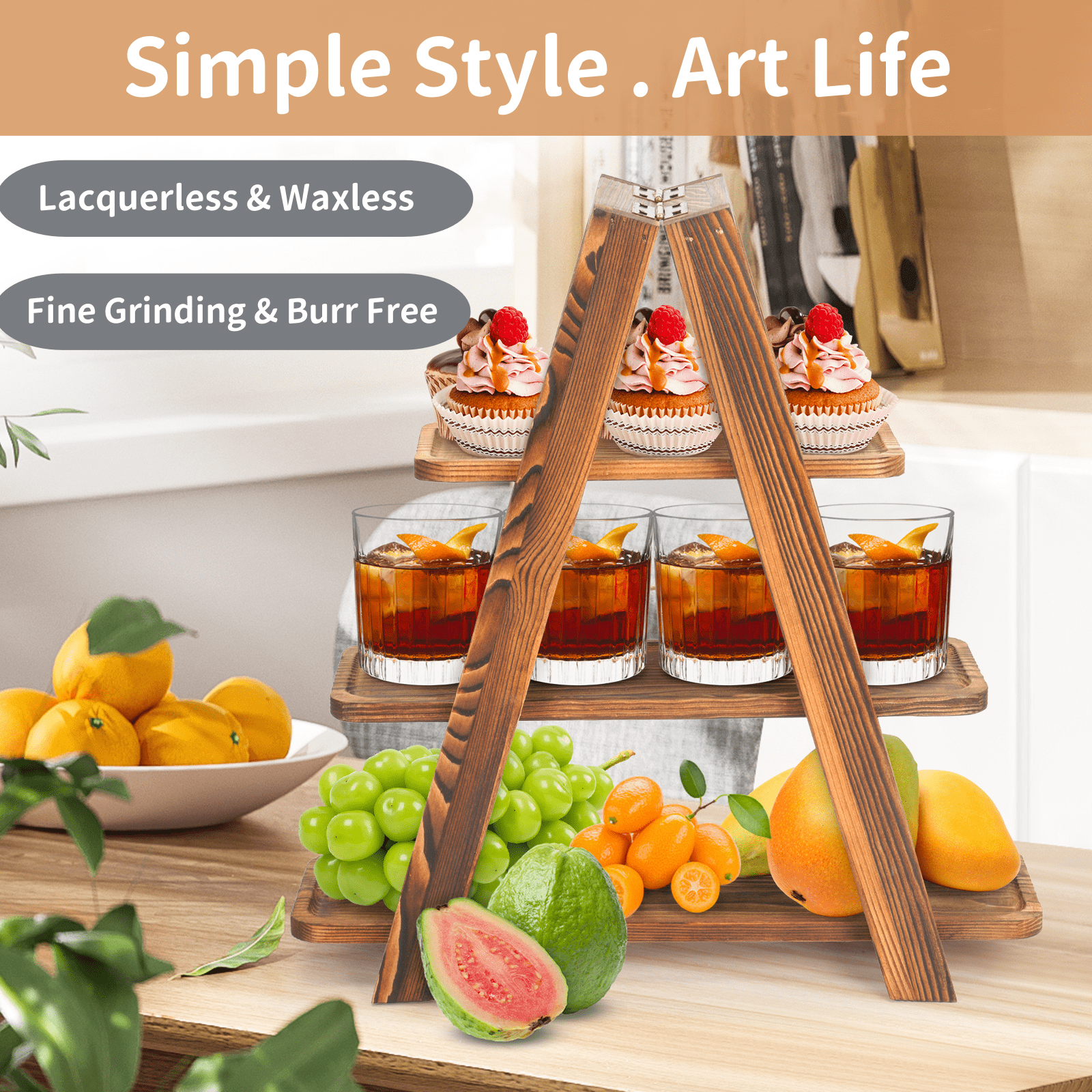 Gomok 3 Tier Serving Tray Wooden Cupcake Stand Rustic Foldable Dessert Table Display Set with Detachable Serving Platters