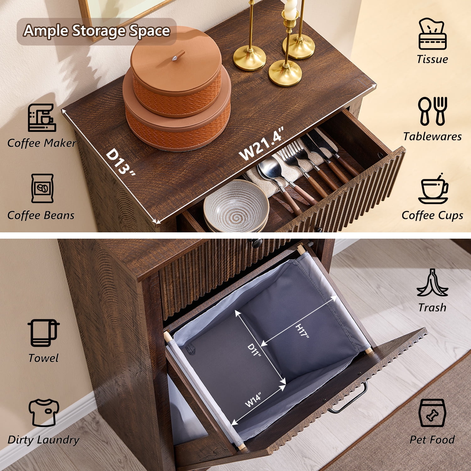 IFGET Fluted Tilt-Out Trash Can Cabinet, 10 Gallon Wood Hidden Garbage Can Cabinets with Storage Drawers, Laundry Hamper Cabinet for Bathroom, Kitchen