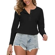 Coloody Women's Waffle Knit Tunic Tops Loose Long Sleeve Button Up V Neck Henley Shirts