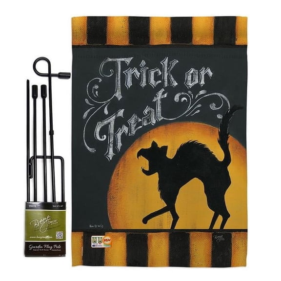 Breeze Decor BD-HO-GS-112075-IP-BO-D-US18-SB 13 x 18.5 in. Black Cat Creeping Fall Halloween Vertical Double Sided Mini Garden Flag Set with Banner Pole