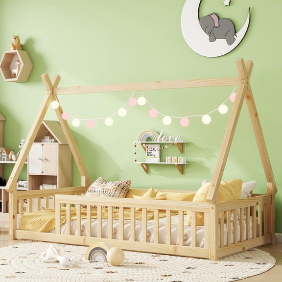 Mirightone Twin Floor Bed Frame with Rails, Montessori Twin Bed with Slats, Wood Tent-shaped Floor Bed Frames - Natural