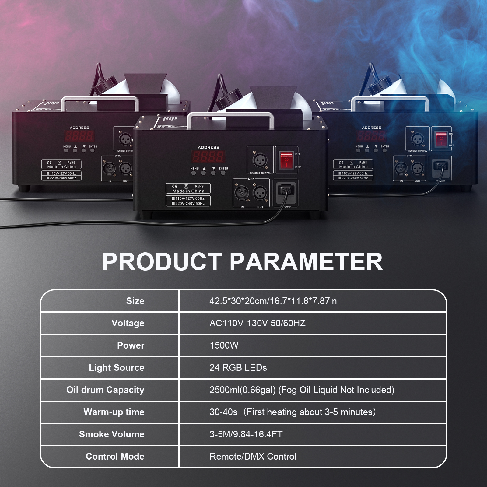 1500W Fog Machine with RGB 3-IN-1 24 LED Lights, DMX & Remote Control for DJ Stage Show, Wedding, Party, Halloween