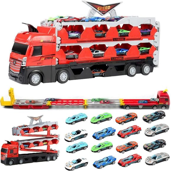 Mega Hauler Truck with Ejection Race Track  New Big Truck 5Ft Folding Storage Race Track Deformation Catapult Alloy Car  Transporter Truck Toy Set for Kids Gift (16 Cars)
