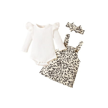 

Suagox 3 Pcs Baby Girls Casual Outfits Ribbed Fly Sleeve Round Neck Bodysuit + Leopard Print Suspender Skirt + Bow Headband for 0-18 Months Baby