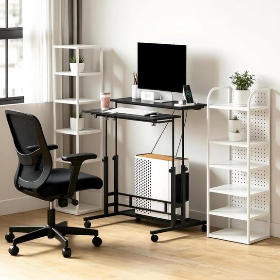 YINGYUE Black Manual Height Adjustable Standing Desk with Built-in Power Outlets USB Ports Tilt Desktop Lockable Casters Home Office Sit Stand Desk