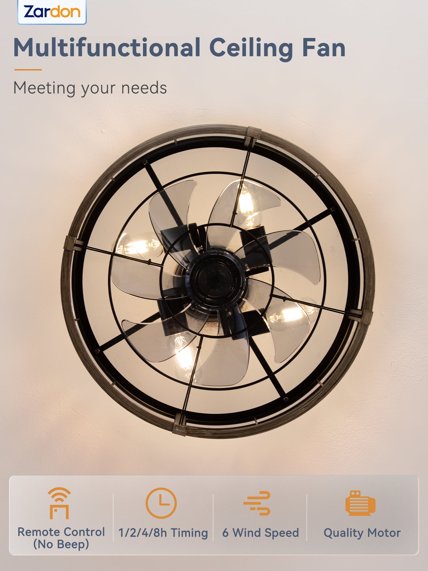 Zardon 18" Brown Antique Caged Indoor Ceiling Fan with Quiet DC Motor,  LED Lights, Remote Control, 6 Speeds