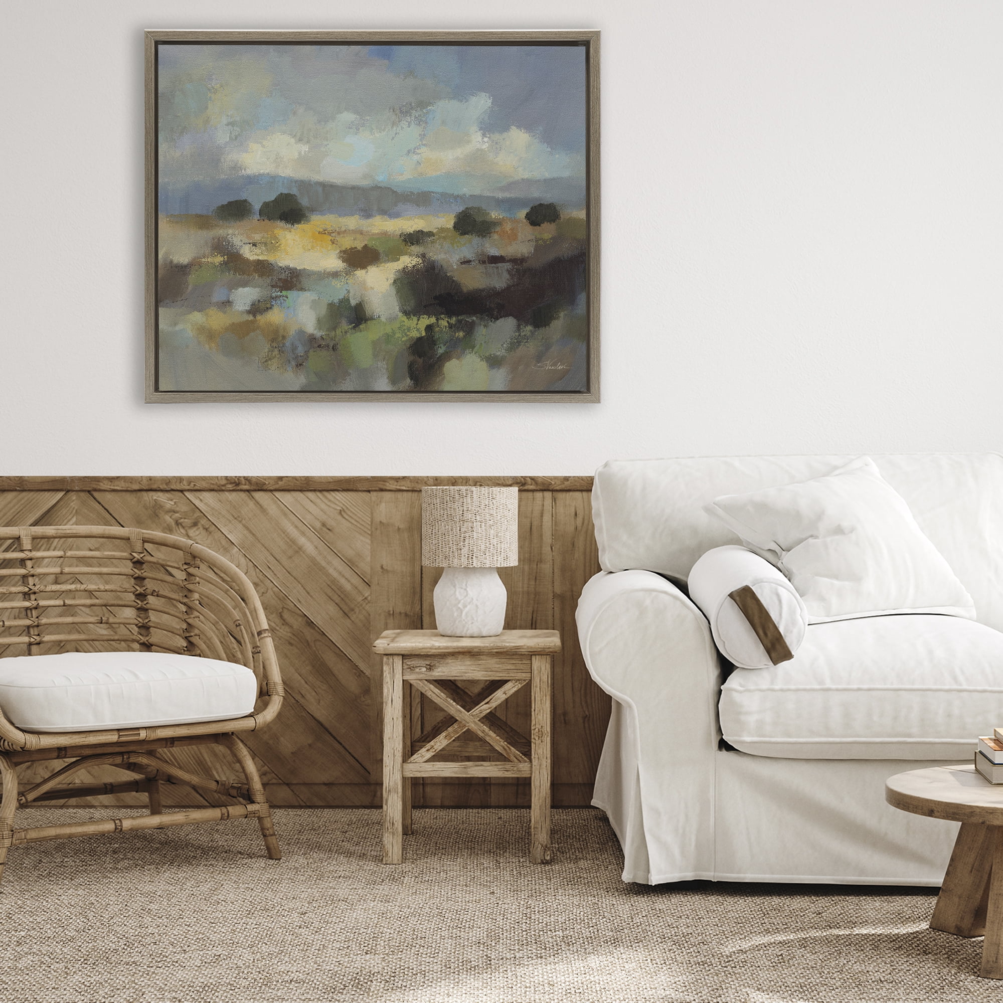 Stupell Industries Muted Blue Landscape with Clouds Brown Framed Floater Canvas Wall Art, design by Silvia Vassileva