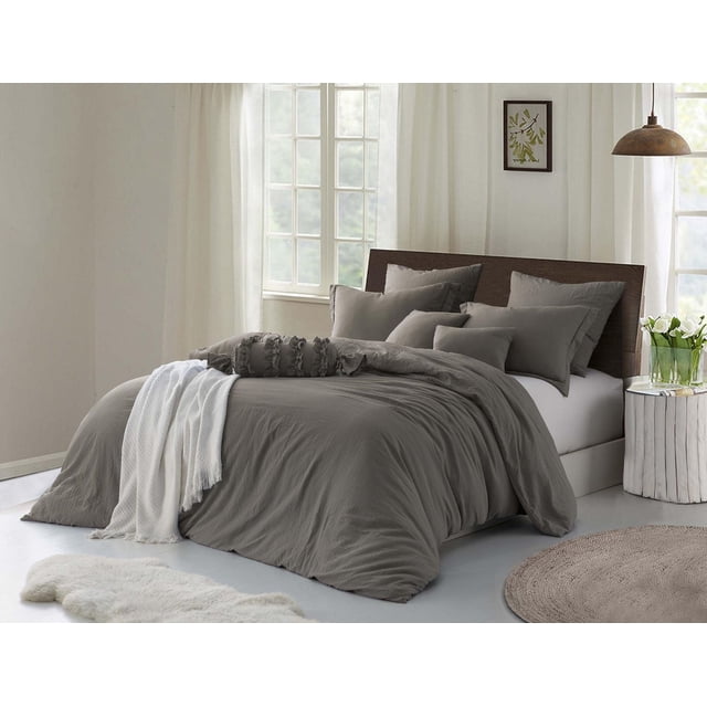 Natural Crinkle Fabric Ultra Soft Solid Duvet Cover Set - Zipper Closure