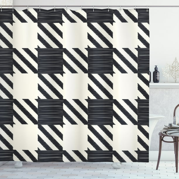 Checkered Shower Curtain, Diagonal Stripes and Squares Monochrome