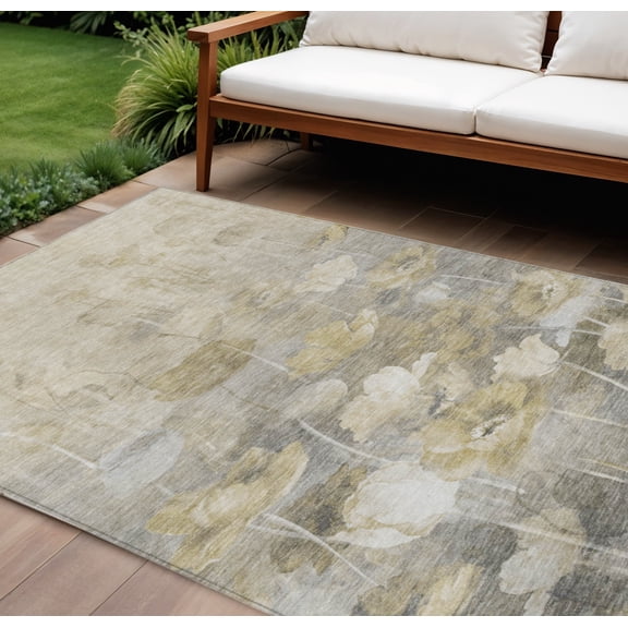 9' X 12' Beige Taupe And Wheat Floral Washable Indoor Outdoor Area Rug