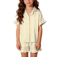 thumbnail image 6 of Purcolt Pajamas for Girls Summer Casual Satin Stripes Button Up Shirts and Shorts Pants Pjs Sets Summer Soft Ruffle Sleepwear Lounge Sets, 6 of 9