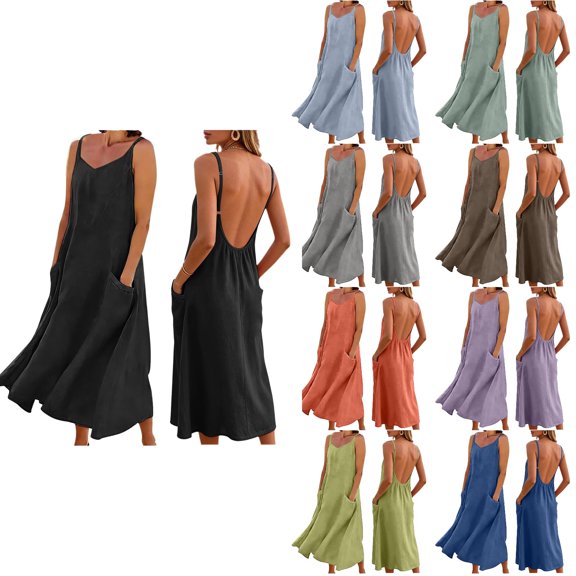 Antinious Women Solid Spaghetti Straps Adjustable Pocket Summer Soft Elegant Long Dress