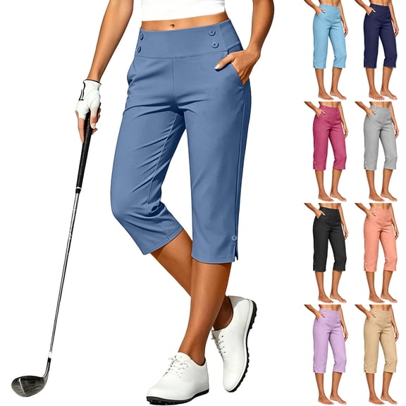 Eiyaclvo Work Capri Pants for Women High Waisted Stretch Straight Leg Cropped Pant Pull on Athletic Golf Cpris with Pockets