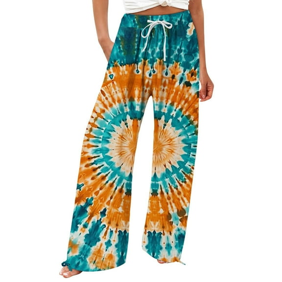 Jxximdong Pants for Women Women's Retro Printed Fashionable Drawstring Loose Pants High Waisted Casual Pants Wide Leg Pants Blue L Trousers
