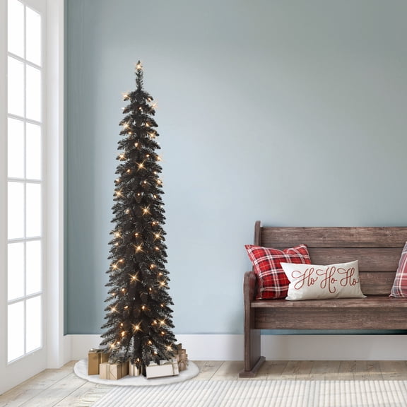 CC Christmas Decor Pre-Lit Pencil Black Alpine Artificial Christmas Tree - 6’ - Clear Lights