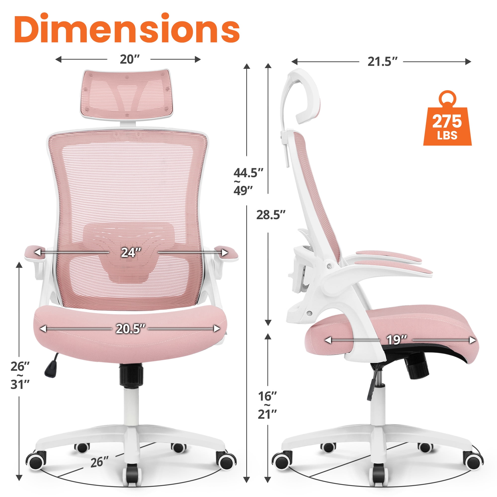 NEO Chair Office Desk Chair Gaming Computer High Back Support Mesh Comfy Seat with Adjustable Ergonomic Headrest Lumbar Rolling Flip-up Armrests and Wheels (Headrest Pink)