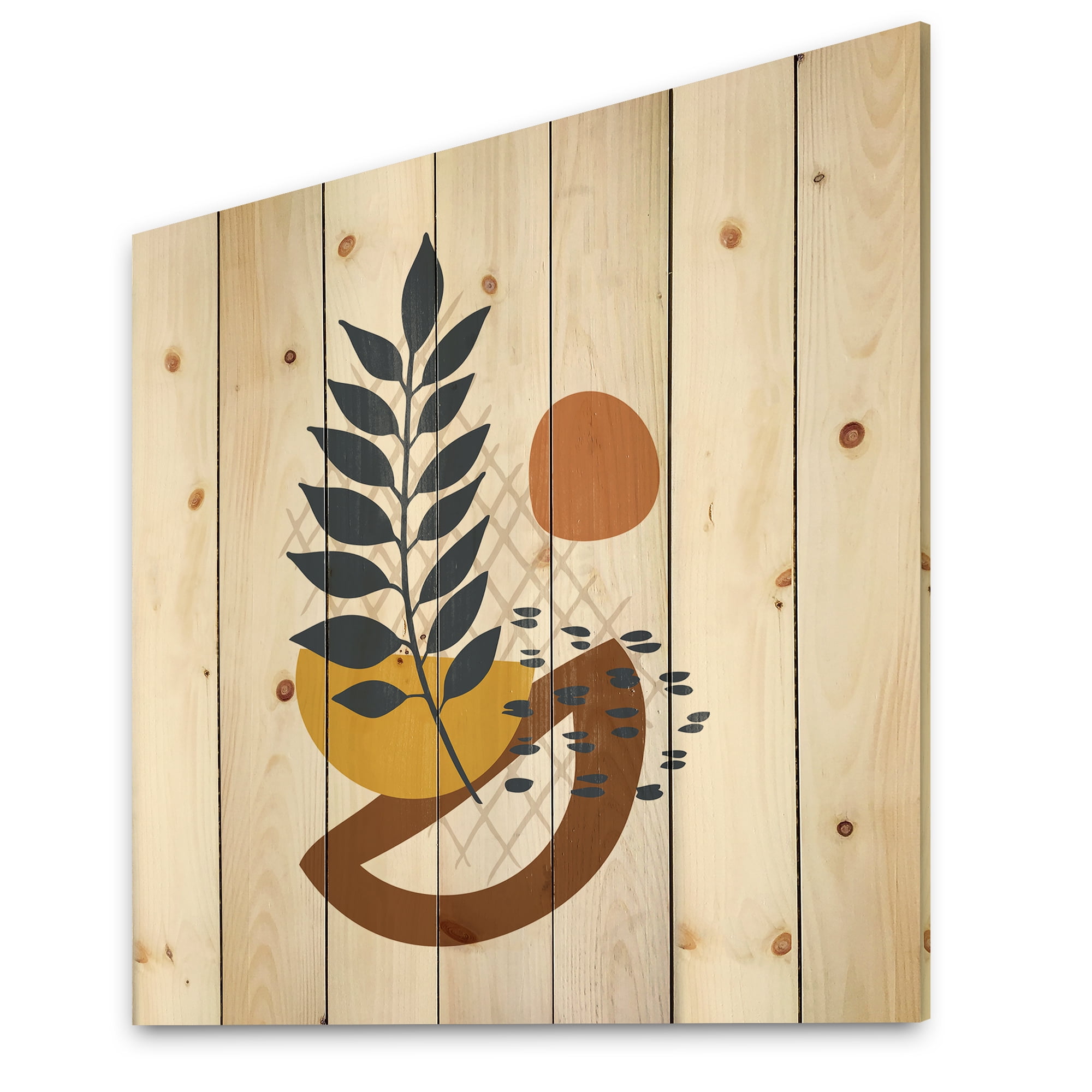 Designart 'Abstract Leaves With Elementary Shapes' Modern Print on Natural Pine Wood