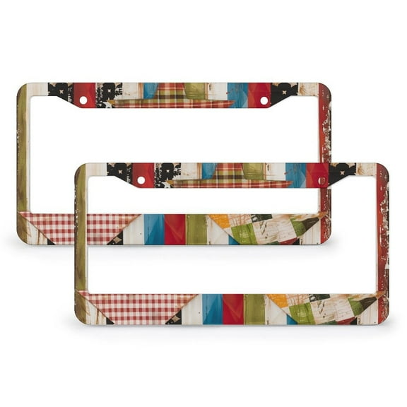 2 Pack American Flag Patchwork Stripe And Star License Plate Frames 4th of July License Plate Frame License Plate Shield Frame Aluminum Metal 2 Hole for Girl Women Men Vehicles