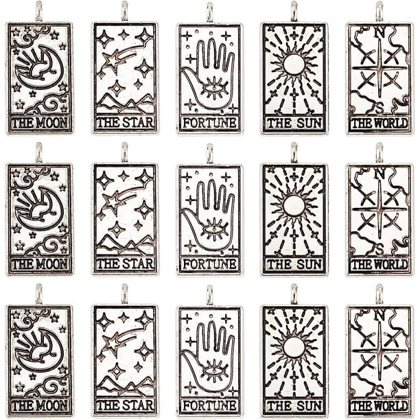 1 caja de 30 amuletos de tarot de 5 estilos diferentes: amuletos de cartas de tarot, amuletos de ojo turco, luna y estrella, amuletos de ouija rectangulares.