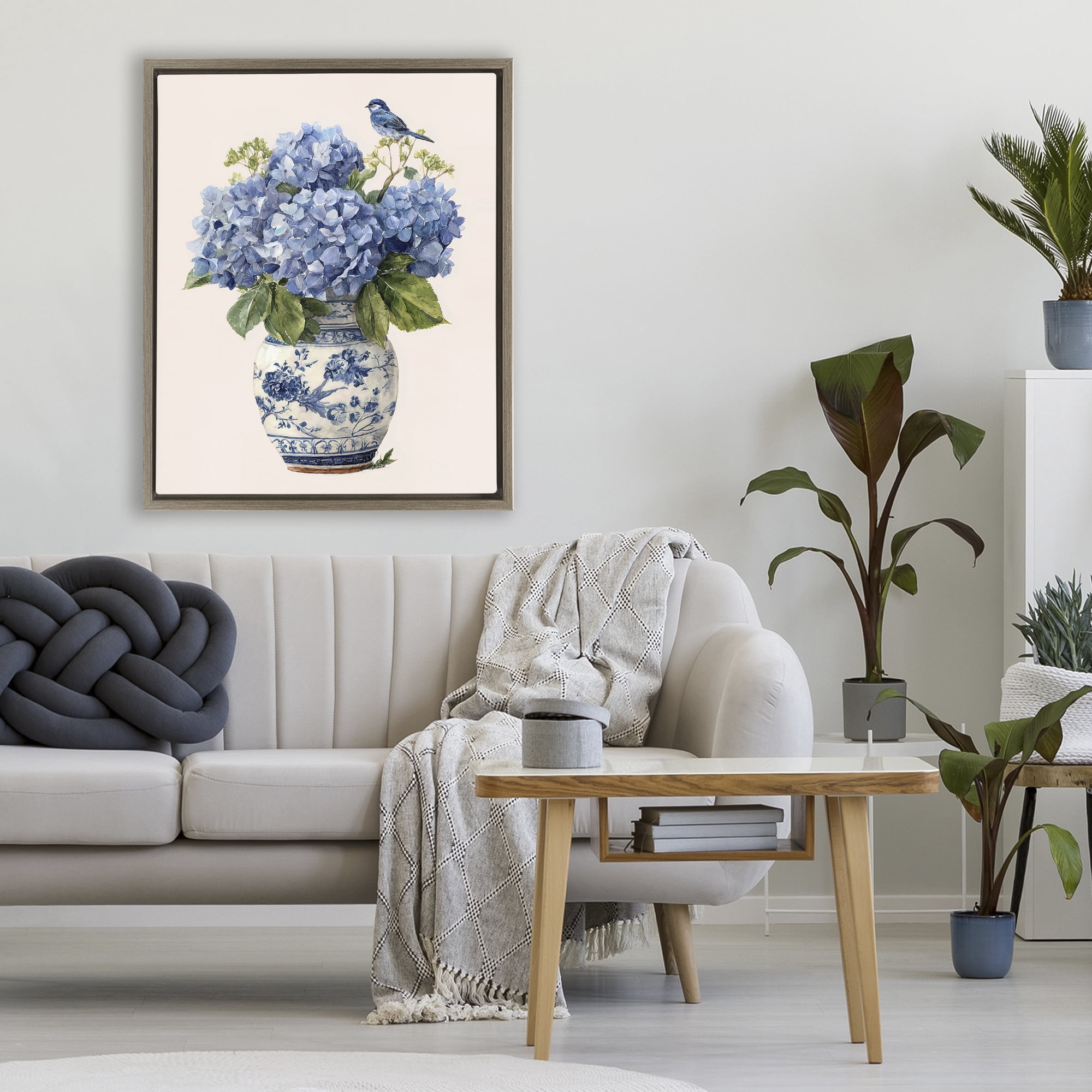 Stupell Industries Songbird Perched on Hydrangeas Brown Framed Floater Canvas Wall Art, design by Imagine It Images
