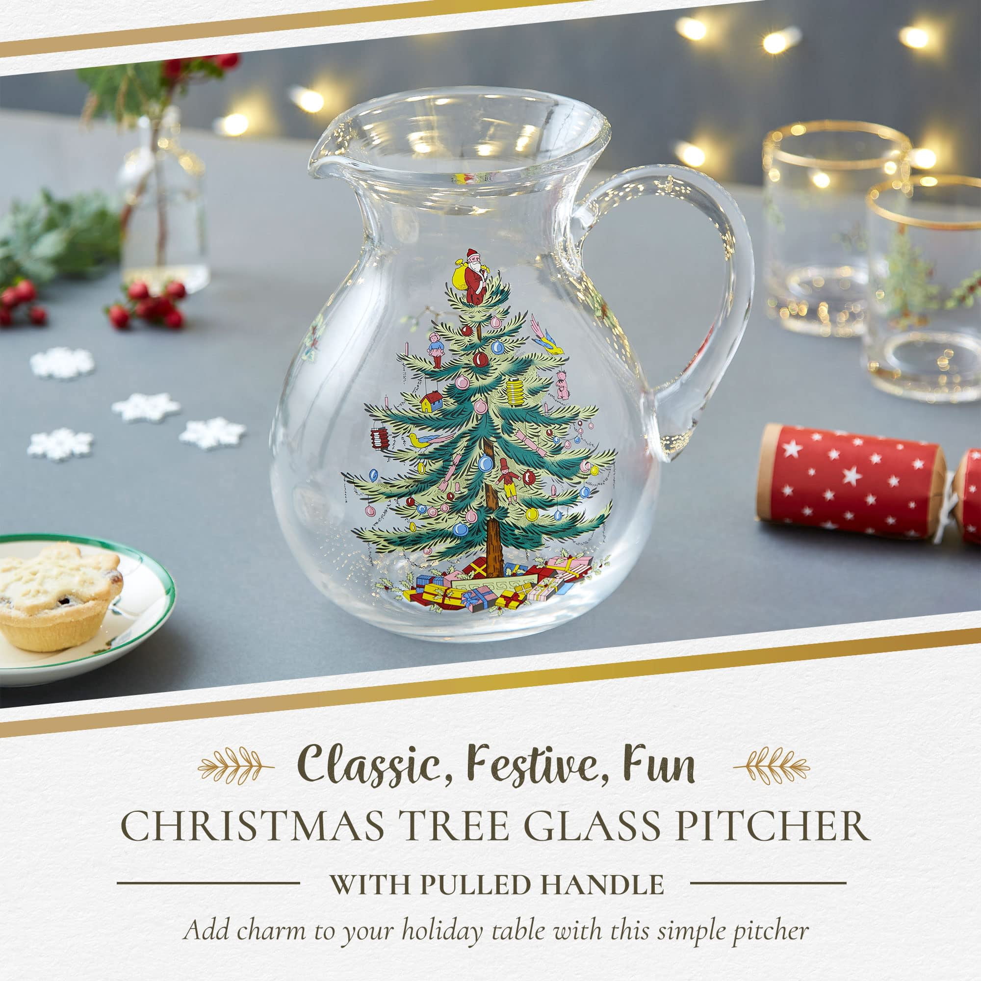 Spode Christmas Tree Glass Pitcher - Festive 96 Oz Large Glass Pitcher for Holidays, Crystal-Clear Beverage Pitcher with Handle for Cocktails, Water, Juice, Lemonade - Dishwasher Safe