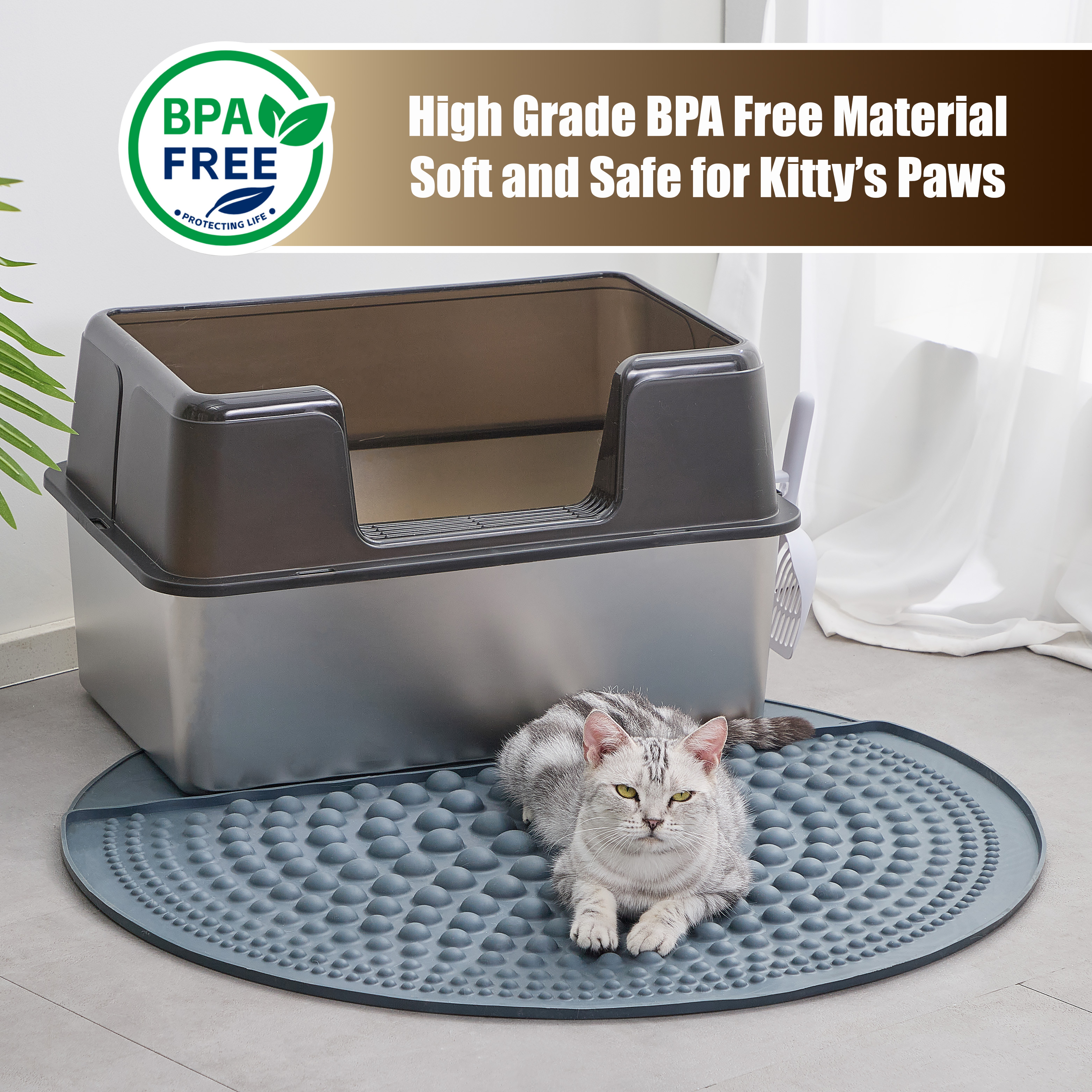 Petpals Air Bubble Cat Paw Scrub Litter Mat,32" Round Cat Litter Trapping Mat, for Double Litter Boxes, Grey