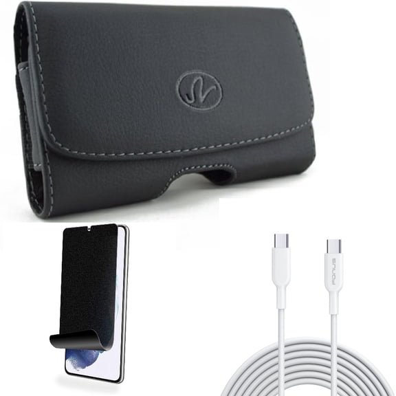 For Samsung Galaxy S21 (6.2") - PD Fast Charger Cord 10ft Long Type-C Cable   [Fingerprint Works] TPU Film Privacy Screen Protector   Swivel Leather Case Belt Clip