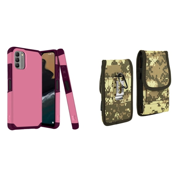 MK Armor Case for Nokia G400 5G and Vertical Nylon Belt Holster (Pink/ACU Camo)
