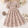 thumbnail image 2 of Rggeeun Baby Girls Dress Cute Floral Pattern A Line Short Sleeve Square Neck Front Buttons Ankle Length Wide Ruffle with Waist Shirring for Summer Travel Party Leisure Sundress,Beige,8-9 Years, 2 of 3