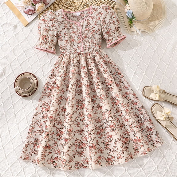 Angala Everyday And Party Dress For Girls Short Sleeve Crew Neck Floral Print Girls Back To School Dresses
