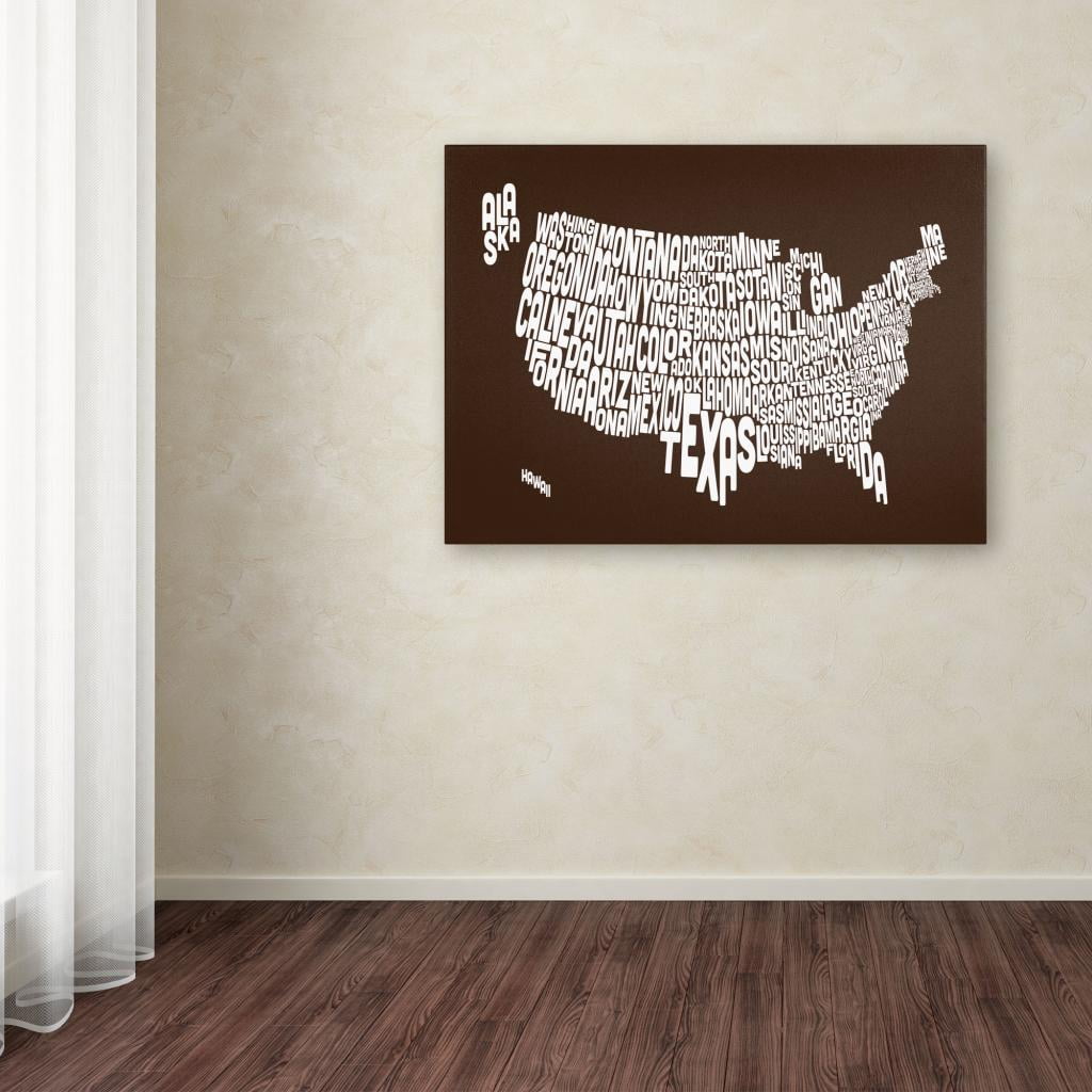Trademark Art 'CHOCOLATE-USA States Text Map' Canvas Art by Michael Tompsett