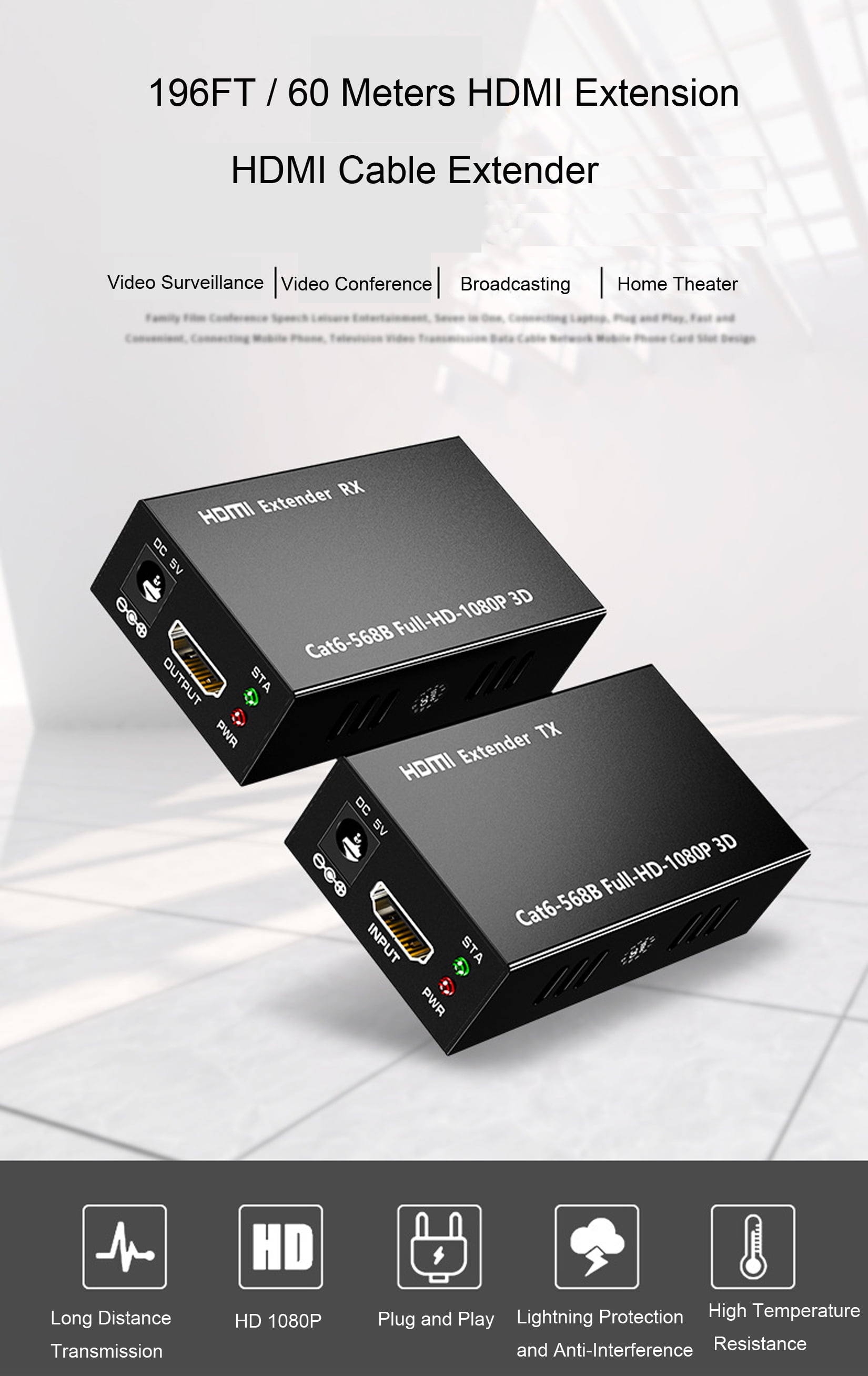 198FT/60m HDMI Extender over single cat 5E/6 With IR – UltraPoE