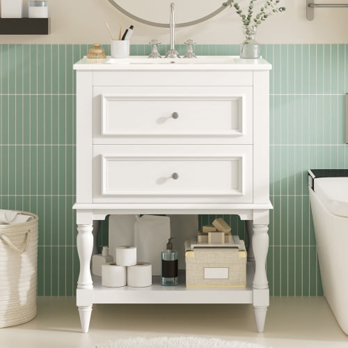 24" Retro Elegant Bathroom Vanity with Storage, Modern Minimalist Bathroom Vanity with Open Shelf, Freestanding Storage Cabinet with Ceramic Sink for Bathroom, White