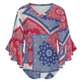 thumbnail image 5 of Red Blue Bandana Patchwork Women's V-Neck Blouse With 3/4 Ruffled Bell Sleeves Casual Top Ladies Blouses, 5 of 7