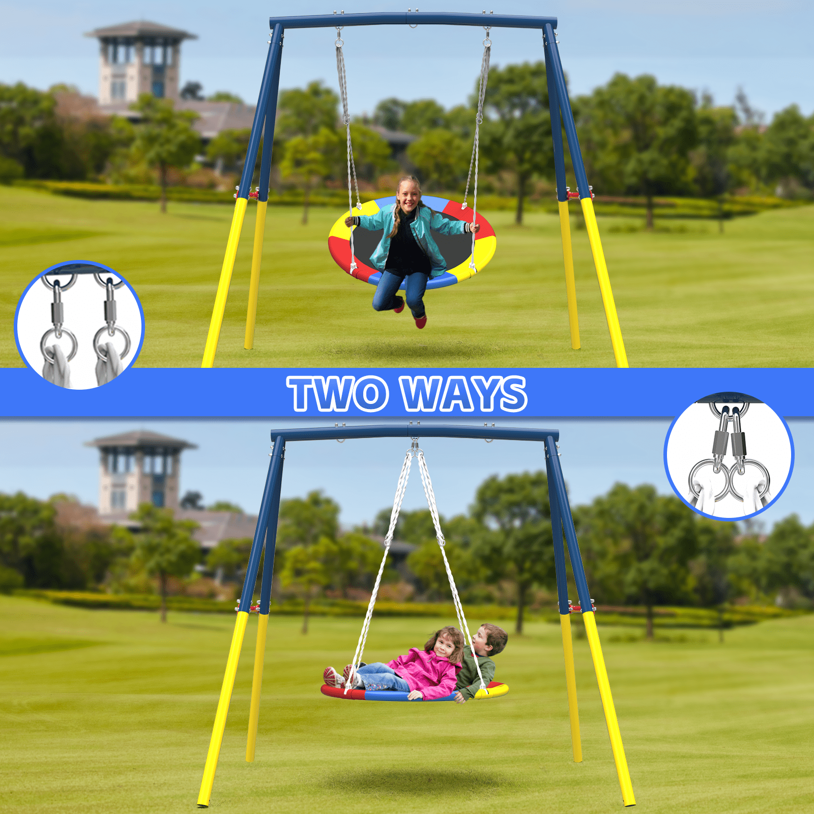 Aukfa Heavy Duty Metal Swing Set with Saucer Swing, 440LBS A-Frame Backyard Swing Set for Kids and Adults, Blue