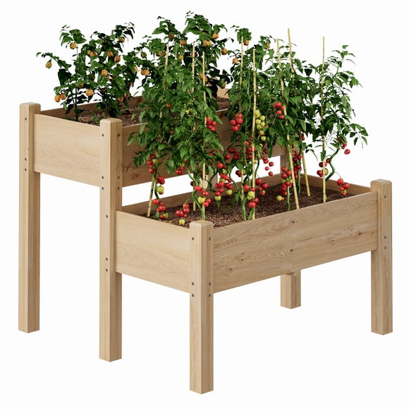 Cama de Jardín Elevada de Madera – 2 Niveles – 8 Orificios de Drenaje – 160 kg – Patio Exterior – Vegetales, Hierbas y Flores