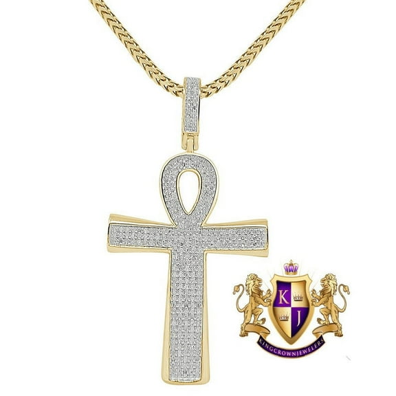 Real Genuine Diamond 0.78 Cwt. Egyptian Ankh Cross Piece Pendent Charm Chain Set 10K Gold Finish 2''