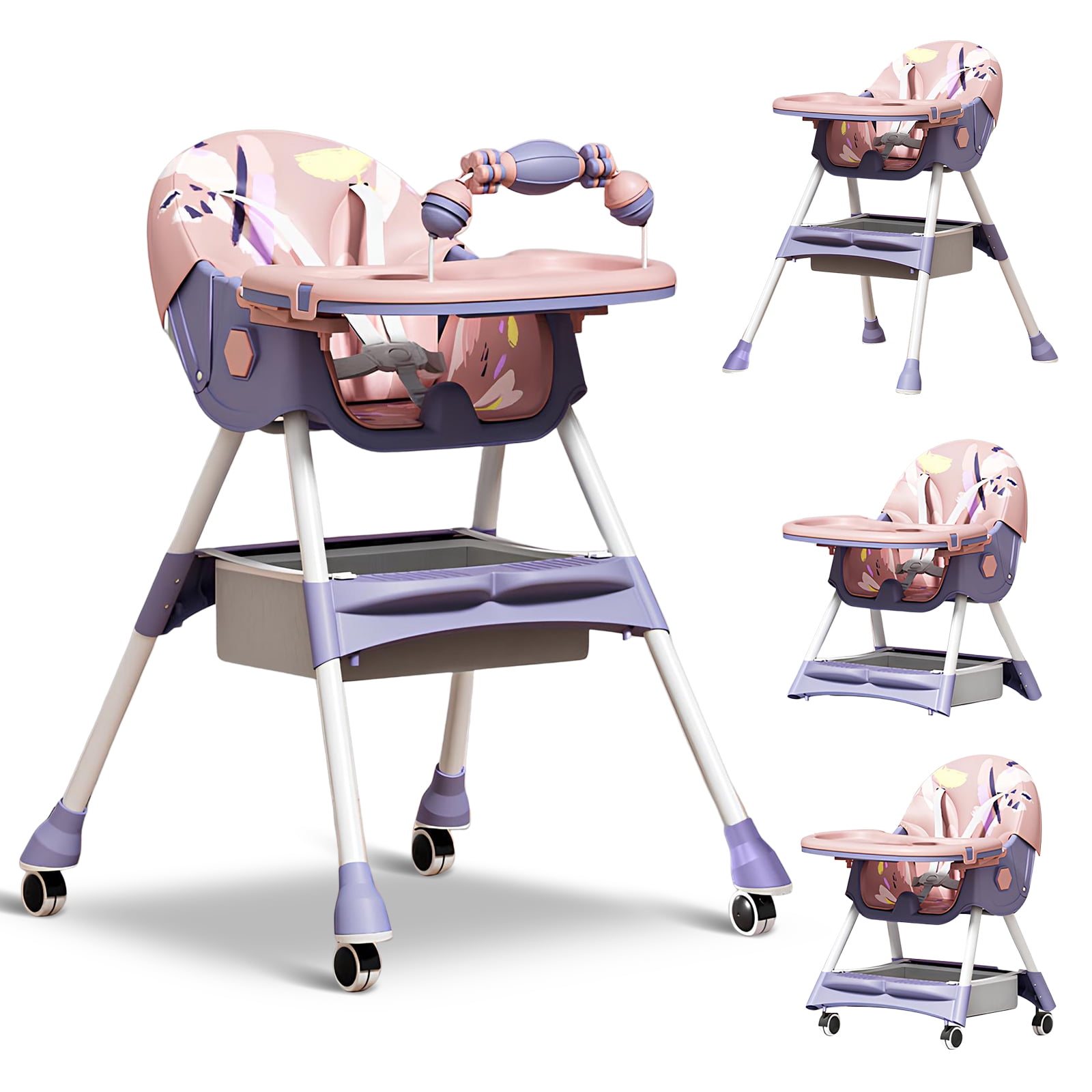 4-in-1 Baby High Chair Adjustable Highchair for Baby Girls Boys Foldable Dining Chairs Eat & Grow, Double-layer Dinner Plate and Toy Rack, Green