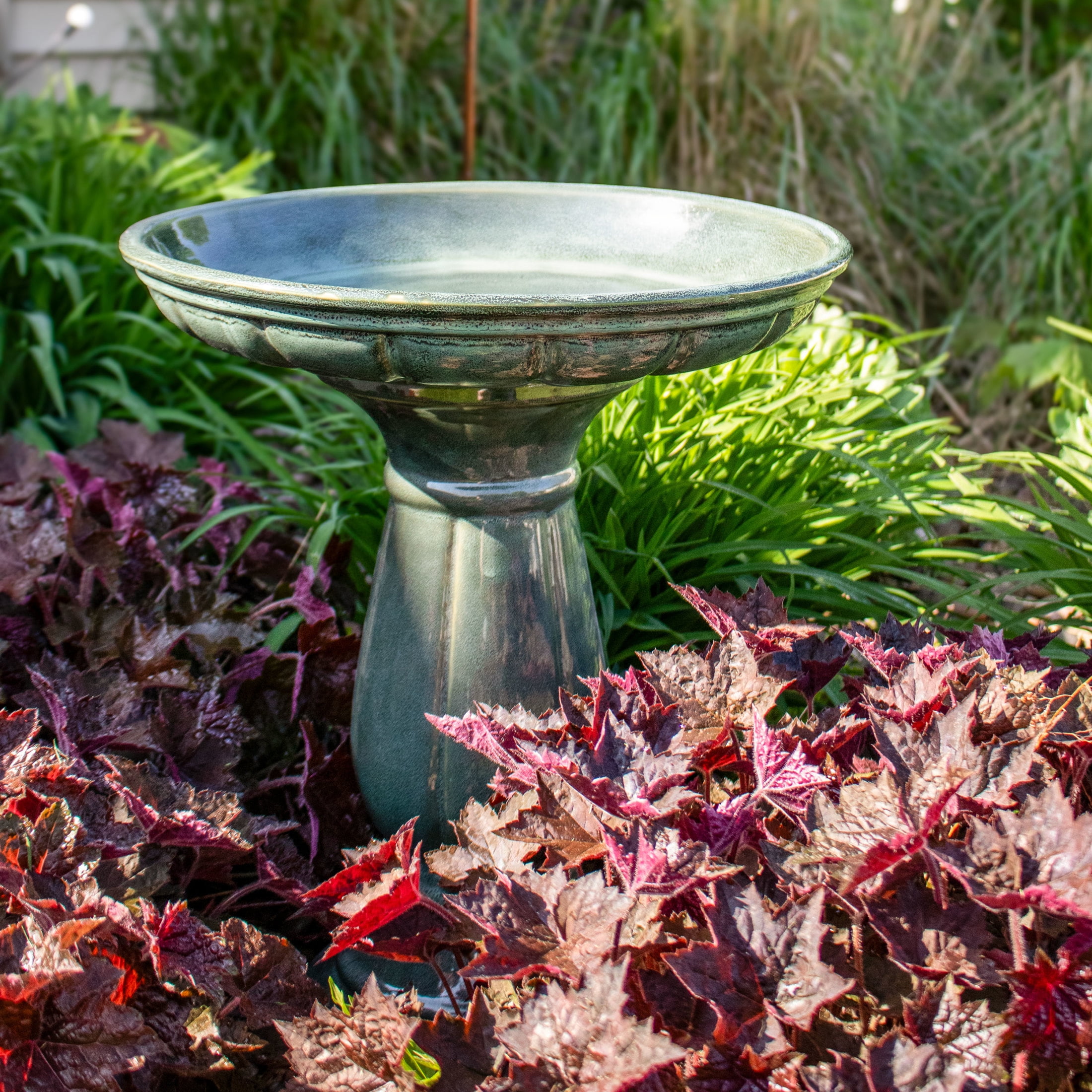 Sunnydaze Avignon Freestanding Ceramic Outdoor Bird Bath, UV-Resistant Green Mist Finish