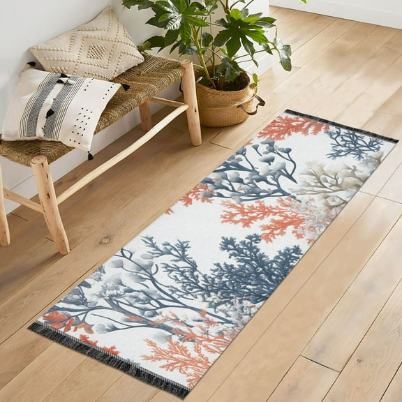 Yayeee Runner Rug for Bedroom 2'x6' Machine Washable Hallway Non Slip Mat, White Sea Plants