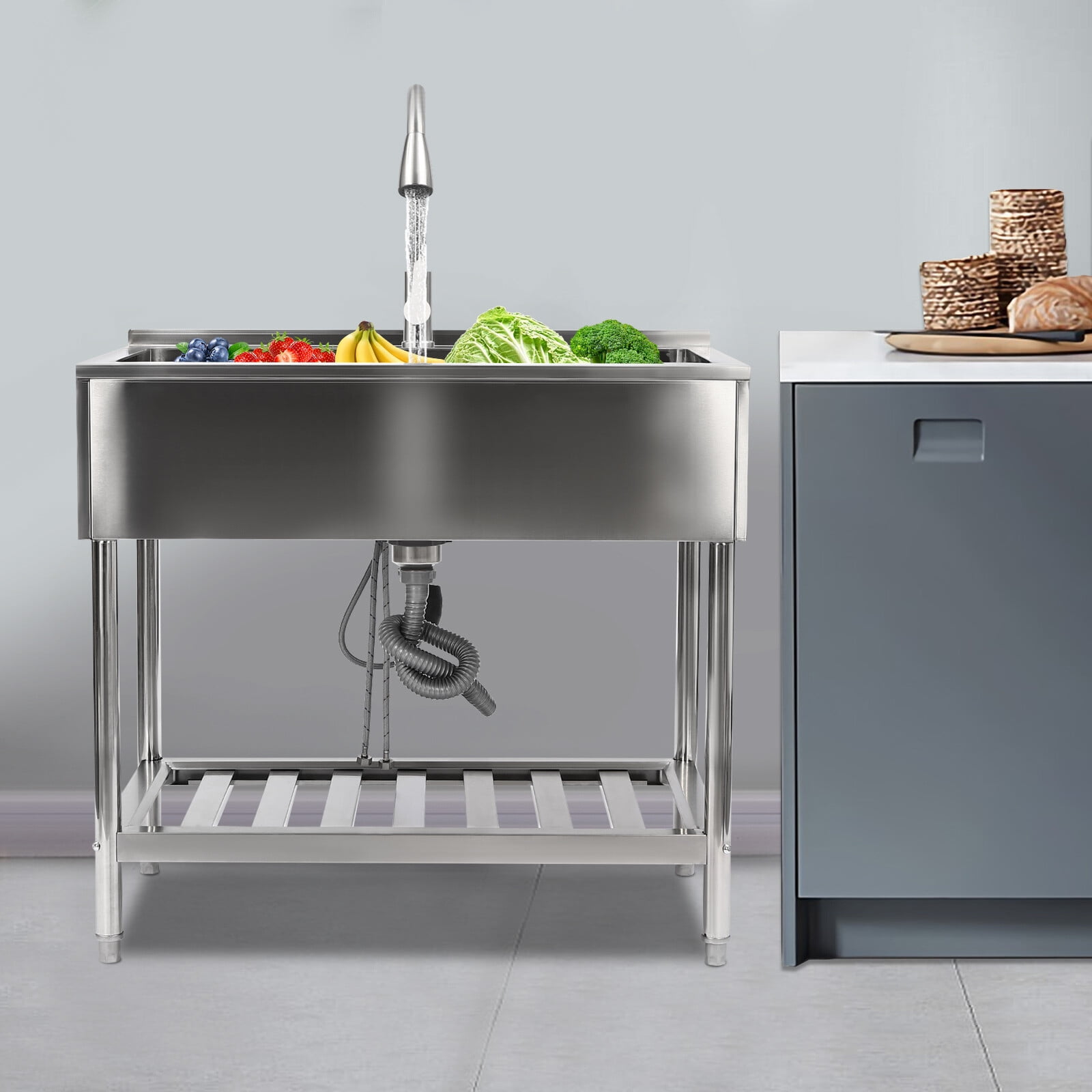 Stainless Steel Utility Sink, Freestanding Single Bowl Laundry Sink with Hot and Cold Pull-Out Faucet, Adjustable Feet & Storage Shelf for Kitchen Laundry Room Restaurant, 36" x 22" x 34"