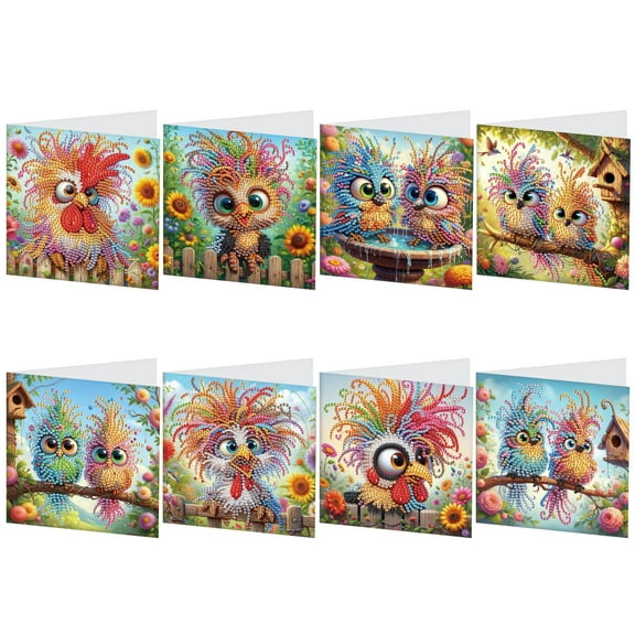 8 pcs Diamond Art Painted Greeting Card, Birdie 5D DIY Special Shape Diamond Card Creative Gifts, Christmas Thanksgiving Greeting Card Congratulation