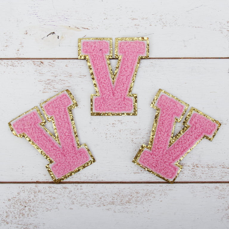 3 Pack Chenille Iron On Glitter Varsity Letter M Patches - Pink Chenille  Fabric With Gold Glitter Trim - Sew or Iron on - 5.5 cm Tall