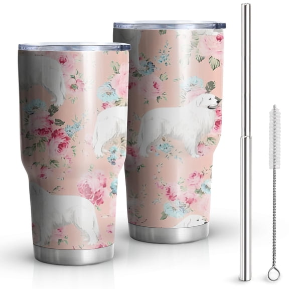 30oz Great Pyrenees Dog and Flower Tumblers Stainless Steel Tumbler with Lid and Straw,Vacuum Insulated Double Wall Travel Tumbler Cups Mug with Cleaning Brush for Coffee,Tea