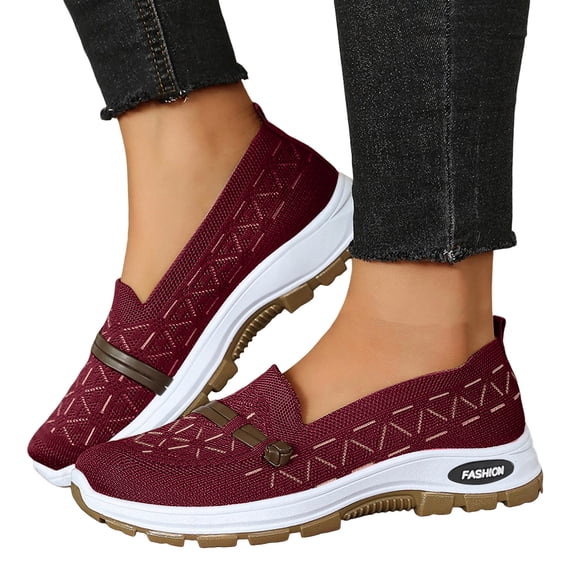 Women's Woven Slip On Sneakers Non Slip Knit Orthopedic Shoes Breathable Low Top Wide Width Walking Loafers Red Size 9