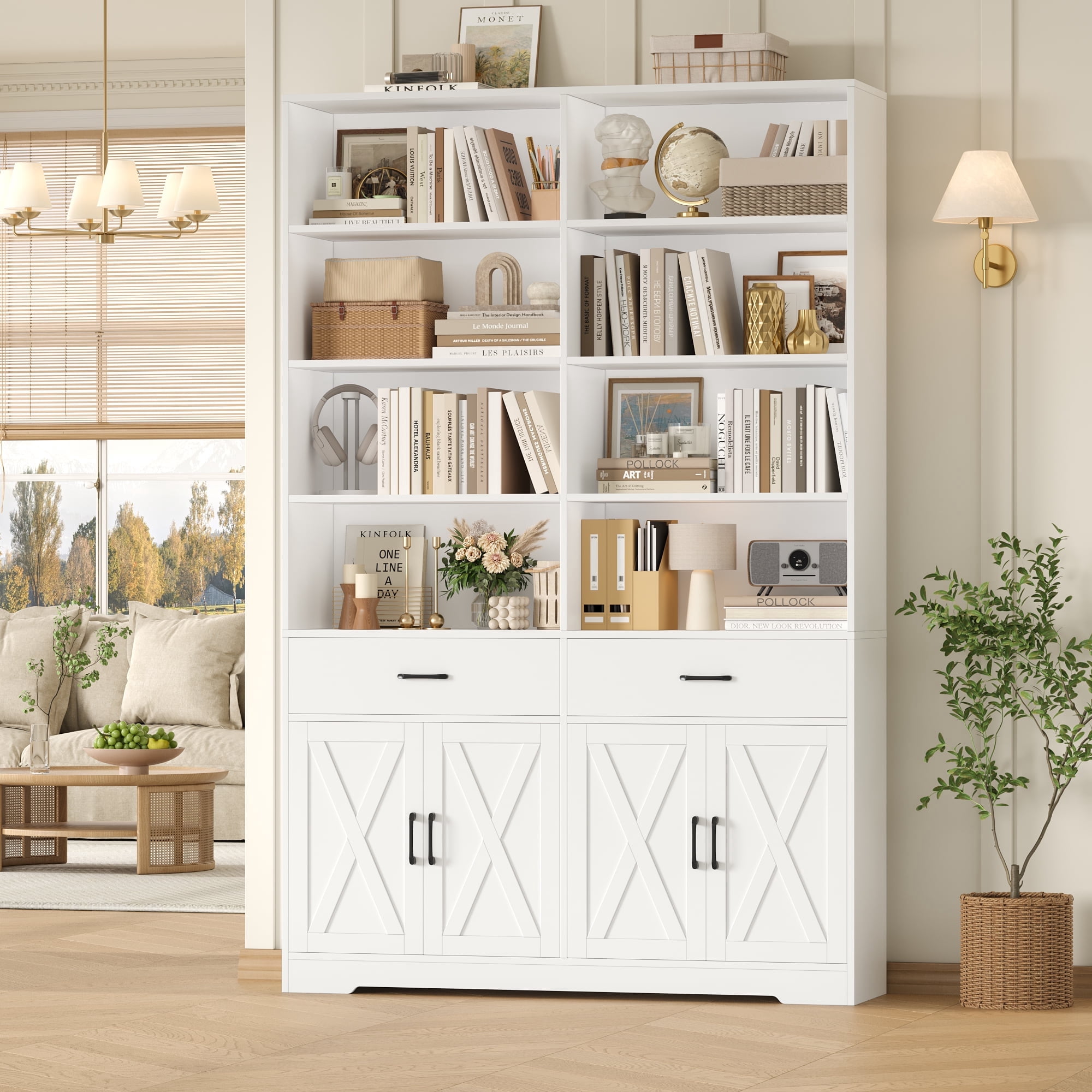 Hiphuta 78" Tall Double Row Bookcase with 2 Drawers, Farmhouse Large Bookshelf with Cabinet, Storage Bookcase with Doors for Office Living Room, White