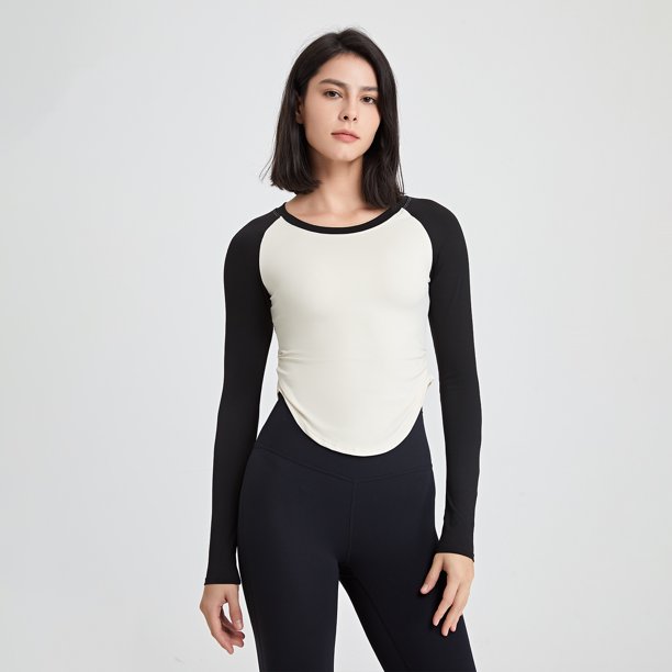 Camiseta deportiva ajustada de manga larga para mujer, con pliegues y contraste de colores, para adelgazar, fitness, yoga, desnuda