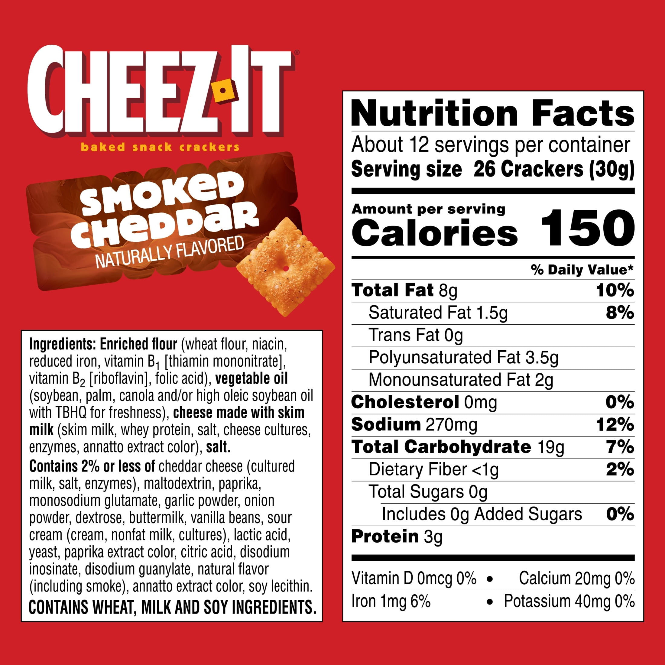 (12 pack) Cheez-It Smoked Cheddar Baked Snack Crackers, Lunch Snacks, 12.4 oz