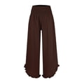 thumbnail image 3 of RPVATI Linen Beach Pants Womens Plus Size Summer Fashion 2025 Elastic Waist Smocked Ruffle Hem Palazzo Pants Boho Casual Wide Leg Flowy Baggy Vacation Trousers with Pockets Brown S, 3 of 4