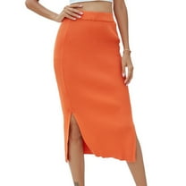 Jdlsppl Women's High Waist Pencil Skirt Side Splits SlitsMidi Straight Skirt Sexy Fitted Knit Holiday Elastic Sheath Skirt Orange Medium